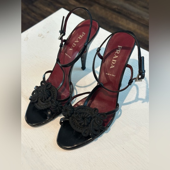 PRADA Chocolate Satin Flower Applique Accent Ankle Strap 3.5" Heel 36.5 Size 38 - Picture 15 of 15